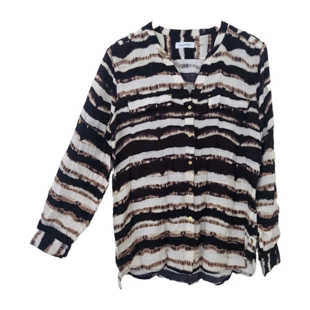 Calvin Klein Button-up Blouse Women’s Size L / XL Brown Black Tie Dye Stripes
